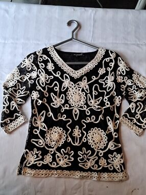 Black Top with Cream Floral Embroidery - Women's V-Neck Top Fairycore, Boho.